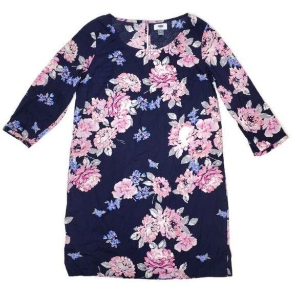Old Navy Women Floral Print Dress size M Navy w/ Pink large flowers garden party - Picture 6 of 9